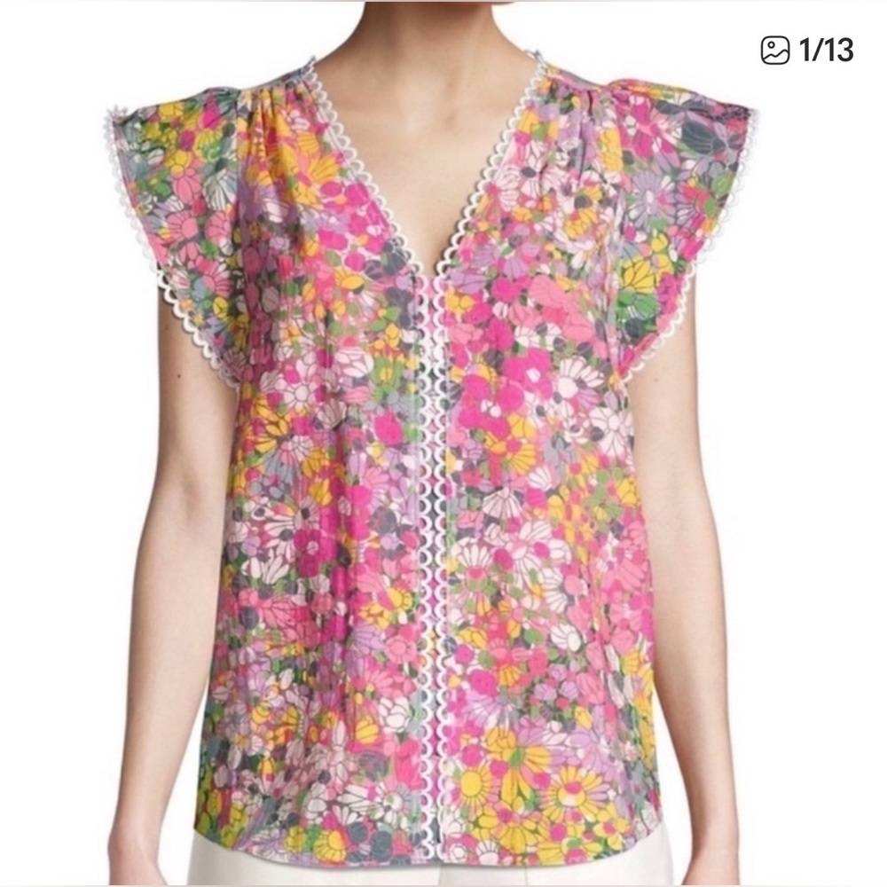 Kate Spade Mainline Floral Dots Burnout V-Neck Cap Sleeve Lined Blouse (S) NWOT